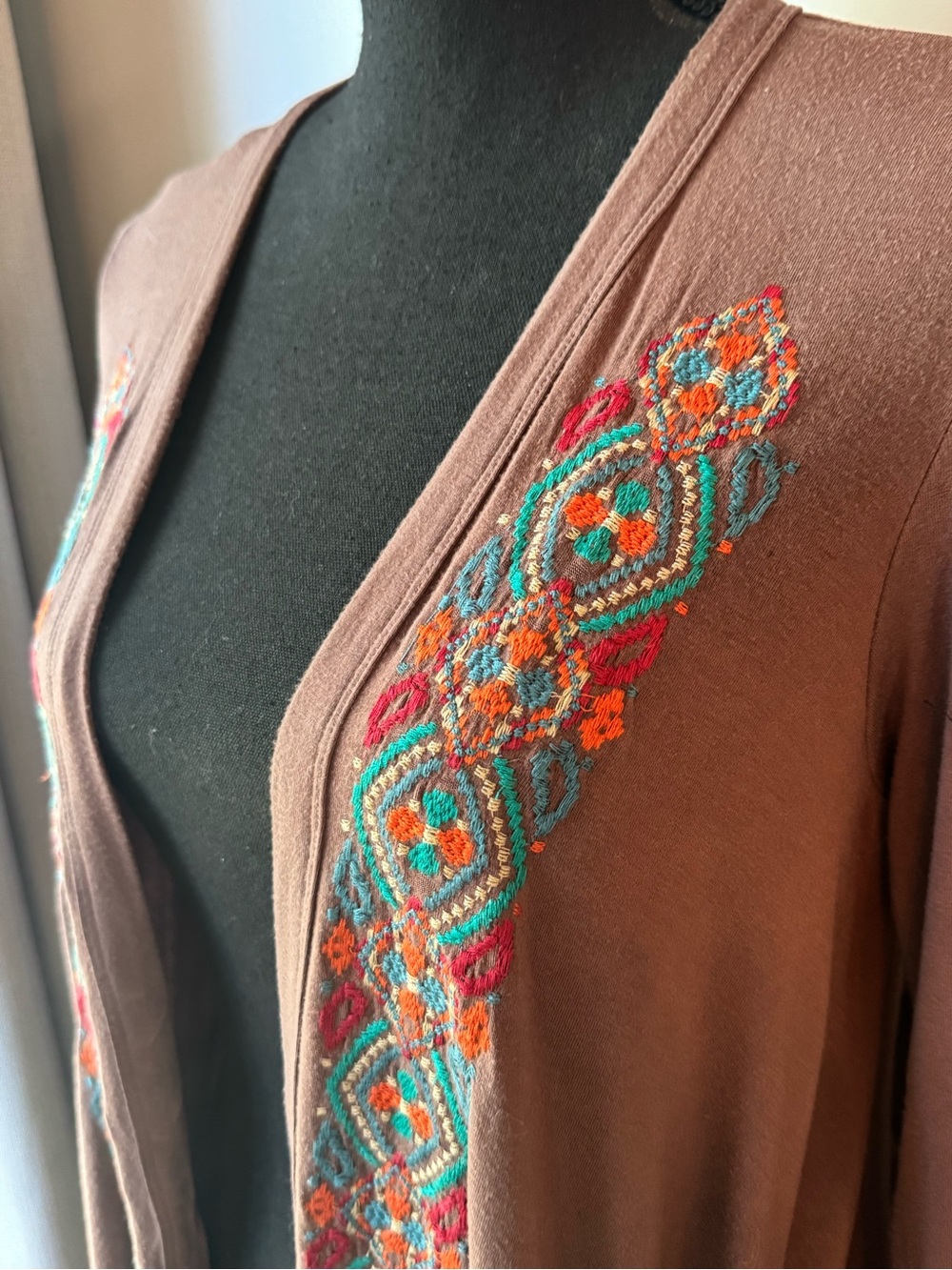 Stetson Brown Open-Front Cardigan with Turquoise & Orange Embroidery - Picture 2 of 8